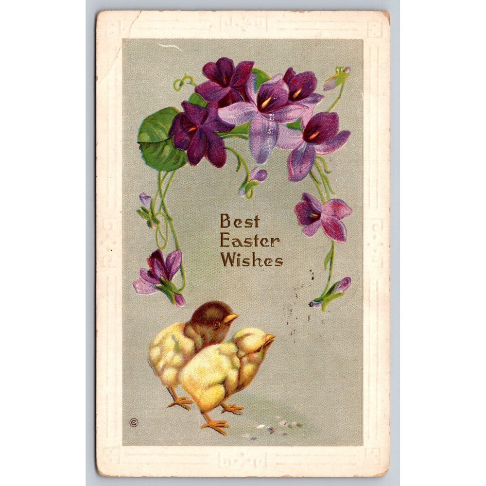 Postcard Antique Easter Wishes Chicks Purple Flowers Embossed Posted 1913 MD